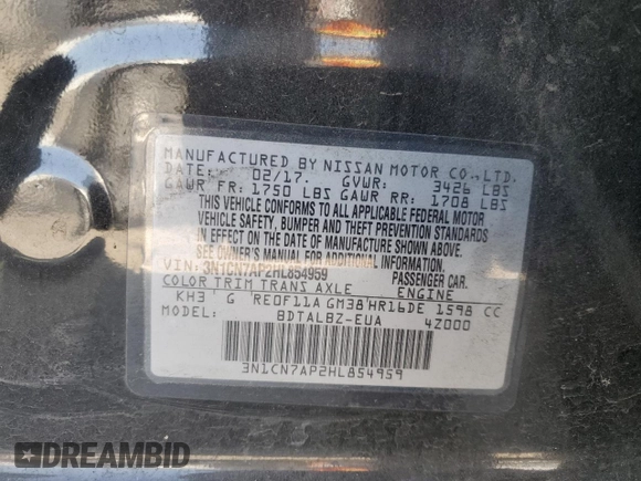 2017 Nissan Versa S with VIN 3N1CN7AP2HL854959, listed as a Copart auction lot 59207715 with 134,734 mi miles and Salvage title. Bid and sale history available at DreamBid. Image 12.