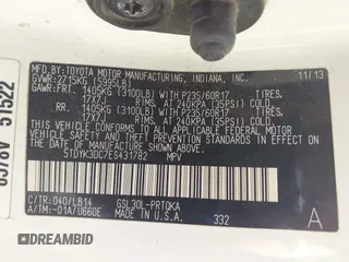2014 Toyota Sienna XLE z VIN 5TDYK3DC7ES431782, wystawiony jako IAAI lot #41975182 z przebiegiem 191 870 mil mil oraz . Historia ofert i sprzedaży dostępna na DreamBid. Obrazek 9.