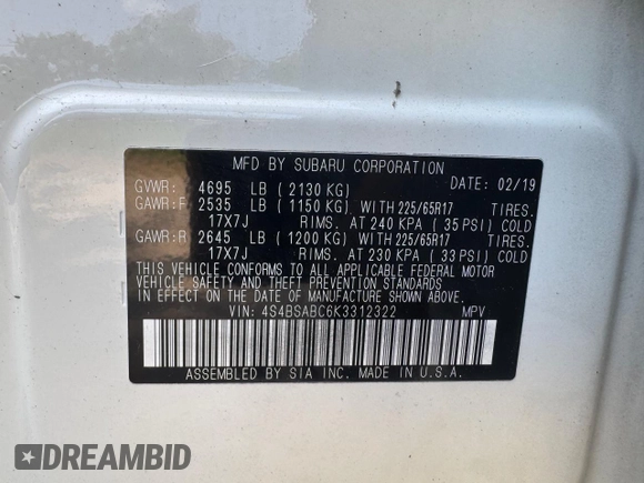 2019 Subaru Outback with VIN 4S4BSABC6K3312322, listed as a Copart auction lot 66751835 with 133,879 mi miles and Clean title. Bid and sale history available at DreamBid. Image 10.