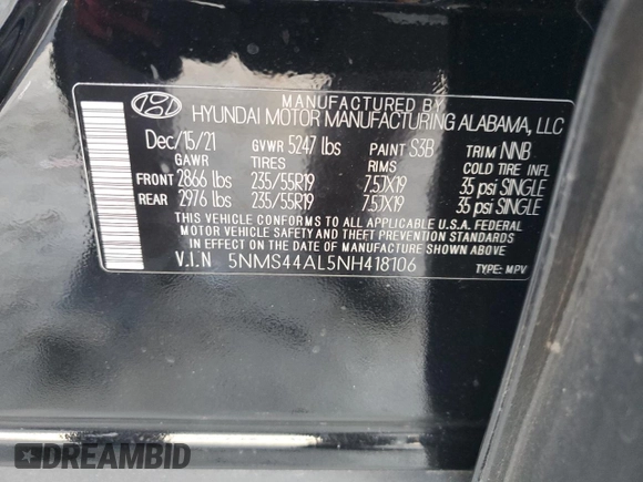2022 Hyundai Santa Fe Limited with VIN 5NMS44AL5NH418106, listed as a Copart auction lot 88693165 with 48,256 mi miles and Salvage Title. Bid and sale history available at carsss.com. Image 15.