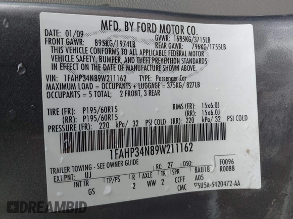 2009 Ford Focus S with VIN 1FAHP34N89W211162, listed as a IAAI auction lot 41677415 with 94,597 mi miles. Bid and sale history available at carsss.com. Image 9.