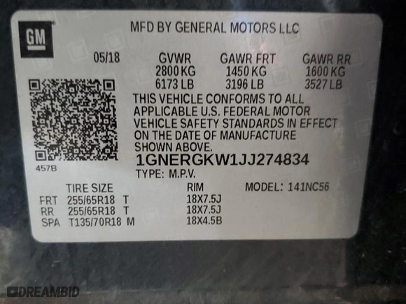 2018 Chevrolet Traverse LT Cloth with VIN 1GNERGKW1JJ274834, listed as a Copart auction lot 51871145 with 188,330 mi miles and Salvage Title. Bid and sale history available at carsss.com. Image 14.