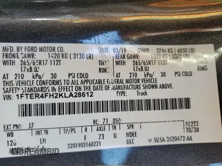 2019 Ford Ranger XL with VIN 1FTER4FH2KLA28612, listed as a Copart auction lot 60520835 with 73,127 mi miles and Salvage title. Bid and sale history available at DreamBid. Image 12.