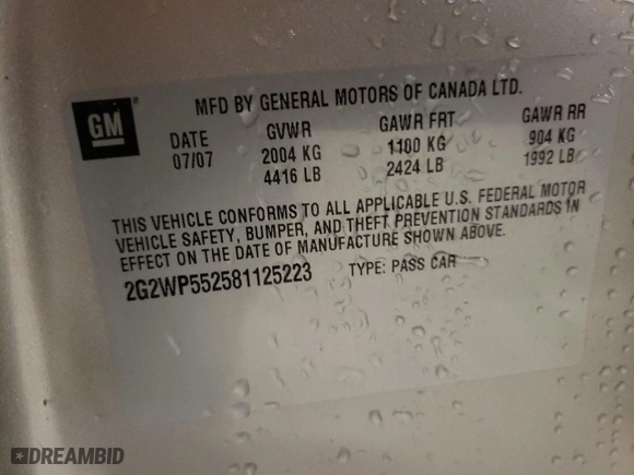 2008 Pontiac Grand Prix with VIN 2G2WP552581125223, listed as a Copart auction lot 48009505 with 209,968 mi miles and Non Repairable. Bid and sale history available at carsss.com. Image 12.