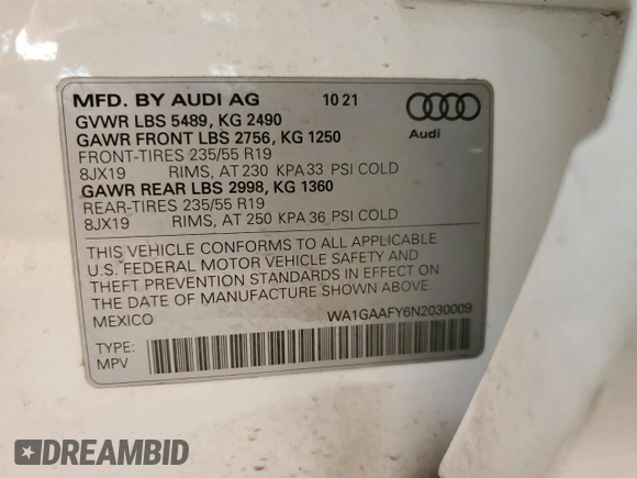 2022 Audi Q5 S line Premium z VIN WA1GAAFY6N2030009, wystawiony jako Copart lot #47274395 z przebiegiem 42 569 mil mil oraz Szkoda całkowita • Salvage title. Historia ofert i sprzedaży dostępna na DreamBid. Obrazek 16.