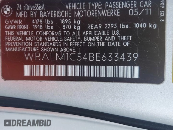 2011 BMW Z4 sDrive35is with VIN WBALM1C54BE633439, listed as a Copart auction lot 60327265 with 112,302 mi miles and Salvage title. Bid and sale history available at DreamBid. Image 12.