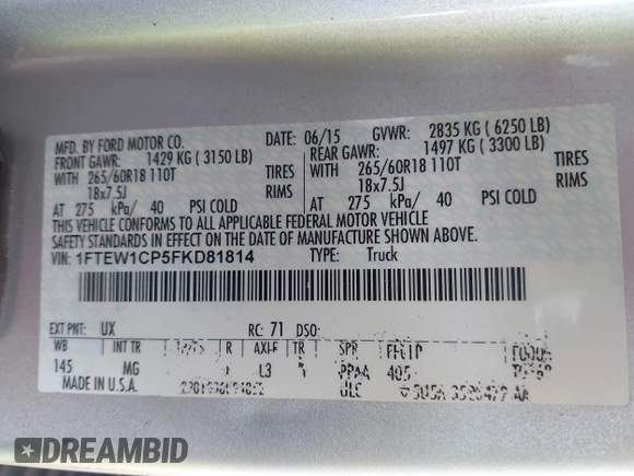 2015 Ford F-150 XL with VIN 1FTEW1CP5FKD81814, listed as a IAAI auction lot 42318434 with 190,418 mi miles and . Bid and sale history available at DreamBid. Image 9.