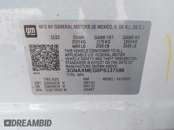 2023 Chevrolet Equinox RS with VIN 3GNAXMEG0PS137169, listed as a IAAI auction lot 41188861 with 41,178 mi miles. Bid and sale history available at carsss.com. Image 9.
