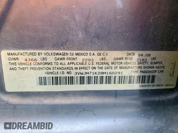 2008 Volkswagen Jetta Sedan S with VIN 3VWJM71K28M160291, listed as a Copart auction lot 50572735 with 0 mi miles and Salvage Title. Bid and sale history available at carsss.com. Image 12.
