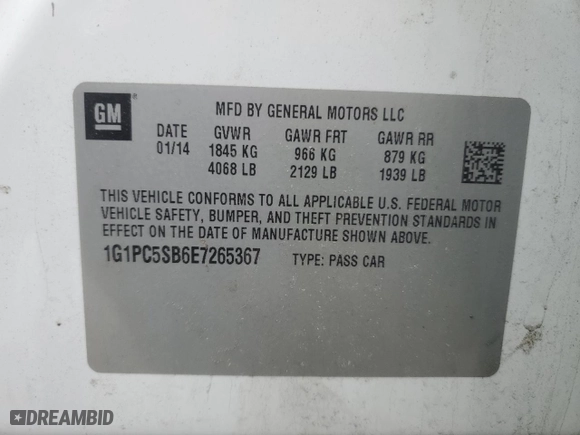 2014 Chevrolet Cruze 1LT with VIN 1G1PC5SB6E7265367, listed as a Copart auction lot 47296165 with 189,678 mi miles and Salvage Title. Bid and sale history available at carsss.com. Image 14.