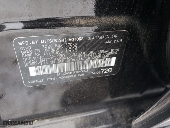 2019 Mitsubishi Mirage GT with VIN ML32A5HJ6KH009311, listed as a Copart auction lot 44762485 with 53048 miles and Salvage Title. Bid and sale history available at carsss.com. Image 12.