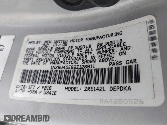 2009 Toyota Corolla with VIN 1NXBU40E89Z128911, listed as a IAAI auction lot 42714988 with 215,416 mi miles and . Bid and sale history available at DreamBid. Image 9.