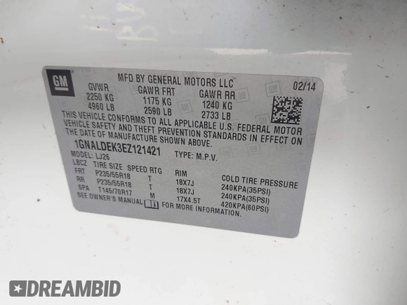 2014 Chevrolet Equinox LTZ with VIN 1GNALDEK3EZ121421, listed as a IAAI auction lot 41833083 with 174,846 mi miles. Bid and sale history available at carsss.com. Image 9.