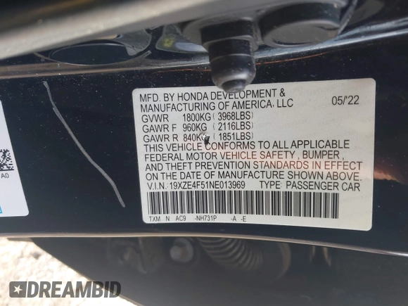 2022 Honda Insight EX with VIN 19XZE4F51NE013969, listed as a IAAI auction lot 41763418 with 90,385 mi miles and . Bid and sale history available at carsss.com. Image 9.