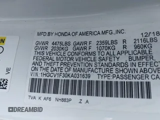 2019 Honda Accord Sport with VIN 1HGCV1F30KA031639, listed as a IAAI auction lot 42184537 with 87,619 mi miles and . Bid and sale history available at DreamBid. Image 9.