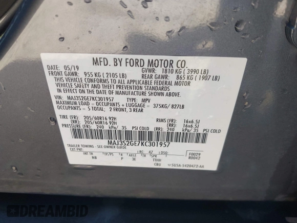 2019 Ford EcoSport SE with VIN MAJ3S2GE7KC301957, listed as a IAAI auction lot 41801182 with 81,525 mi miles and . Bid and sale history available at DreamBid. Image 9.