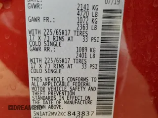 2019 Nissan Rogue SL with VIN 5N1AT2MV2KC843837, listed as a Copart auction lot 48561955 with Not Provided miles and Salvage Title. Bid and sale history available at carsss.com. Image 12.