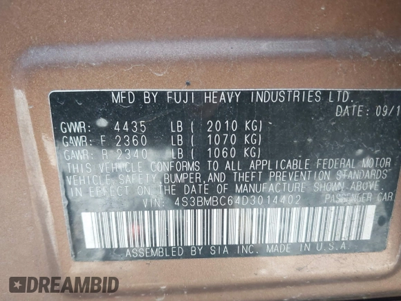 2013 Subaru Legacy Premium with VIN 4S3BMBC64D3014402, listed as a IAAI auction lot 41920146 with Not Provided miles and . Bid and sale history available at DreamBid. Image 9.