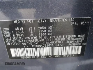 2016 Subaru Legacy Premium with VIN 4S3BNAC62G3058474, listed as a IAAI auction lot 41998499 with 90,536 mi miles and . Bid and sale history available at DreamBid. Image 9.