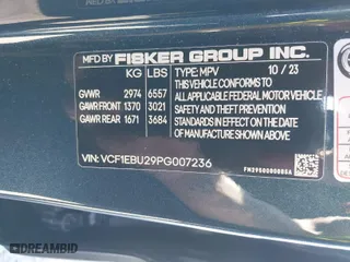 2023 Fisker Ocean Extreme with VIN VCF1EBU29PG007236, listed as a IAAI auction lot 41519846 with 6,251 mi miles. Bid and sale history available at carsss.com. Image 9.