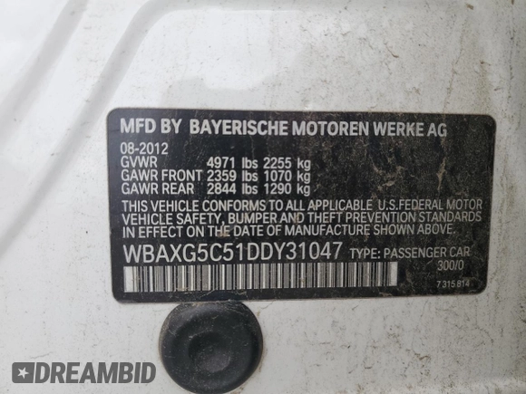 2013 BMW 5 Series 528i with VIN WBAXG5C51DDY31047, listed as a Copart auction lot 52284695 with 188,326 mi miles and Salvage Title. Bid and sale history available at DreamBid. Image 12.