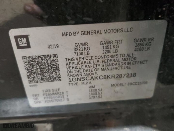 2019 Chevrolet Tahoe LS with VIN 1GNSCAKC8KR287218, listed as a Copart auction lot 45113675 with 58,777 mi miles and Salvage Title. Bid and sale history available at carsss.com. Image 12.