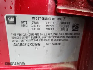 2012 Buick LaCrosse Touring with VIN 1G4GJ5G31CF350209, listed as a Copart auction lot 63625245 with 236,627 mi miles and Clean title. Bid and sale history available at DreamBid. Image 12.