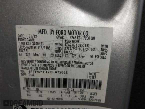 2012 Ford F-150 XL with VIN 1FTFW1ET7CFA72882, listed as a IAAI auction lot 41836206 with 115,474 mi miles. Bid and sale history available at carsss.com. Image 9.