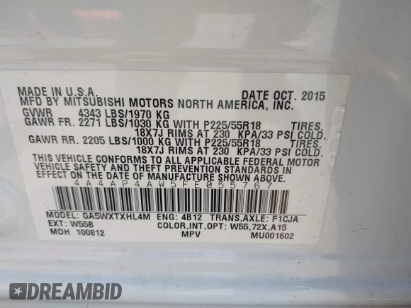 2015 Mitsubishi Outlander GT with VIN 4A4AP4AW5FE055767, listed as a IAAI auction lot 42494576 with 96,349 mi miles and . Bid and sale history available at DreamBid. Image 9.