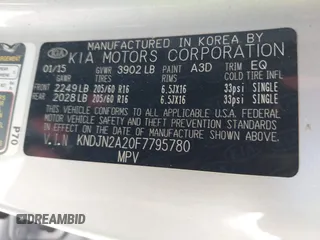 2015 Kia Soul with VIN KNDJN2A20F7795780, listed as a IAAI auction lot 39879289 with 120,531 mi miles. Bid and sale history available at carsss.com. Image 9.