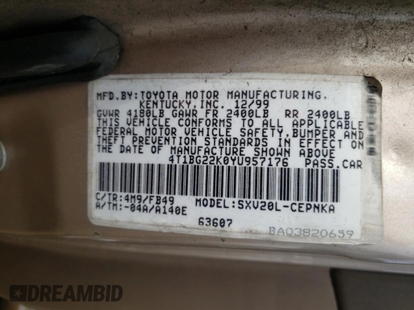 2000 Toyota Camry CE with VIN 4T1BG22K0YU957176, listed as a Copart auction lot 58276794 with 227,144 mi miles and Salvage Title. Bid and sale history available at carsss.com. Image 14.