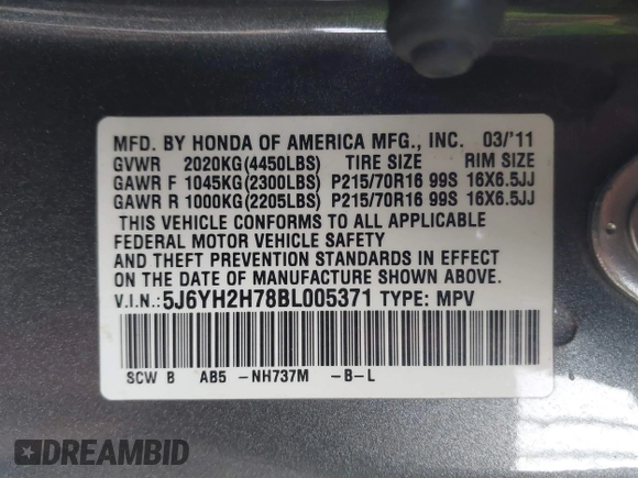 2011 Honda Element EX with VIN 5J6YH2H78BL005371, listed as a IAAI auction lot 42149079 with 201,238 mi miles and . Bid and sale history available at DreamBid. Image 9.