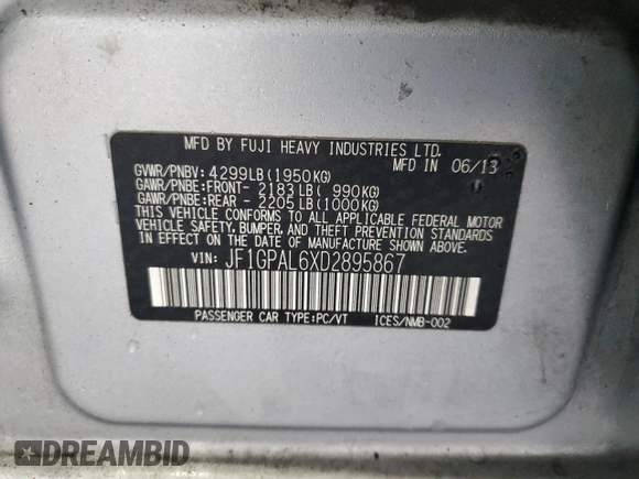 2013 Subaru Impreza Special Sports Premium z VIN JF1GPAL6XD2895867, wystawiony jako Copart lot #45089285 z przebiegiem 78 895 mil mil oraz Szkoda całkowita • Salvage title. Historia ofert i sprzedaży dostępna na DreamBid. Obrazek 12.