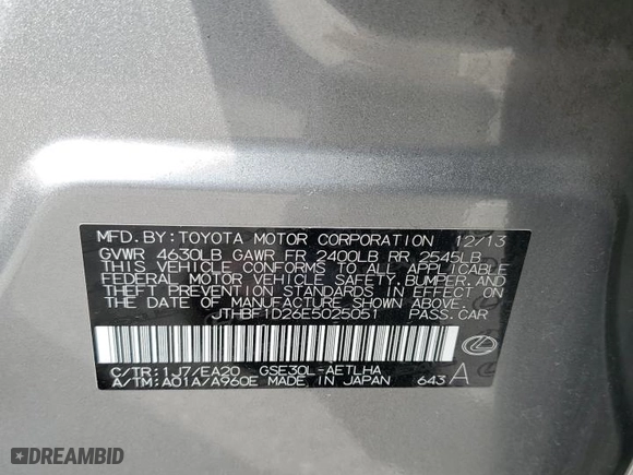 2014 Lexus IS 250 with VIN JTHBF1D26E5025051, listed as a Copart auction lot 53264595 with 159,748 mi miles and Salvage Title. Bid and sale history available at carsss.com. Image 12.