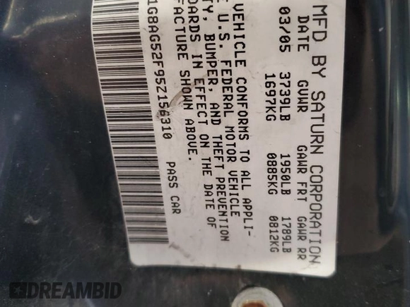2005 Saturn ION ION 1 z VIN 1G8AG52F95Z156310, wystawiony jako Copart lot #83634554 z przebiegiem 143 420 mil mil oraz Szkody całkowita. Historia ofert i sprzedaży dostępna na DreamBid. Obrazek 12.
