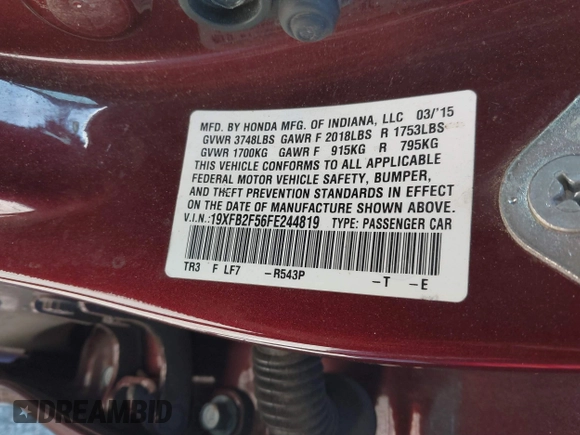 2015 Honda Civic Sedan LX with VIN 19XFB2F56FE244819, listed as a IAAI auction lot 41744828 with 128,500 mi miles. Bid and sale history available at carsss.com. Image 9.