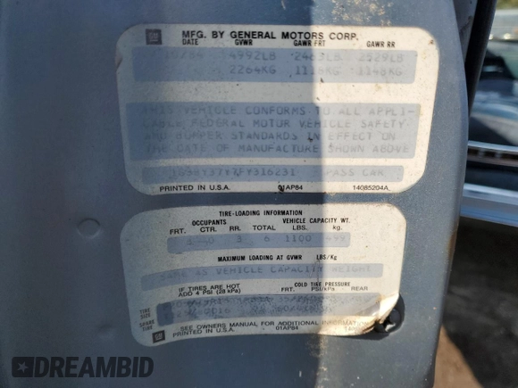 1985 Oldsmobile 88 z VIN 1G3BY37Y7FY316231, wystawiony jako Copart lot #43851075 z przebiegiem 82 641 mil mil oraz Czysty tytuł • Clean title. Historia ofert i sprzedaży dostępna na DreamBid. Obrazek 12.