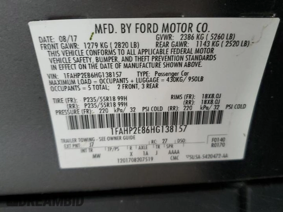2017 Ford Taurus SEL with VIN 1FAHP2E86HG138157, listed as a Copart auction lot 65349245 with 119,451 mi miles and Clean title. Bid and sale history available at DreamBid. Image 12.