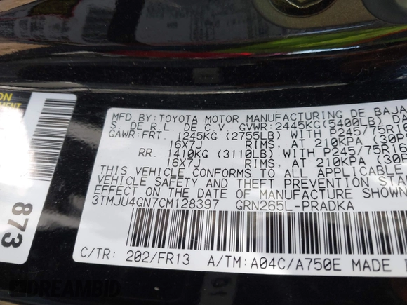 2012 Toyota Tacoma PreRunner z VIN 3TMJU4GN7CM128397, wystawiony jako IAAI lot #41676286 z przebiegiem 148 113 mil mil oraz . Historia ofert i sprzedaży dostępna na DreamBid. Obrazek 9.