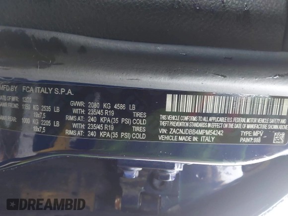 2021 Jeep Renegade Latitude with VIN ZACNJDBB4MPM54242, listed as a IAAI auction lot 41199702 with 72,415 mi miles and . Bid and sale history available at DreamBid. Image 9.