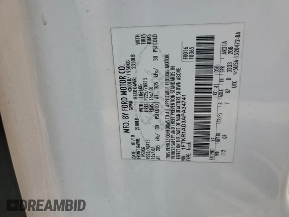 2010 Ford Ranger XL with VIN 1FTKR1AD3APA34741, listed as a Copart auction lot 57575895 with 92,451 mi miles and Salvage title. Bid and sale history available at DreamBid. Image 12.