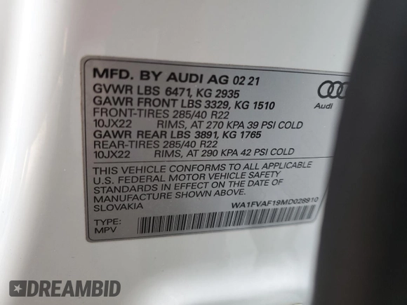 2021 Audi Q8 Prestige with VIN WA1FVAF19MD028910, listed as a Copart auction lot 64091925 with 54,787 mi miles and Salvage title. Bid and sale history available at DreamBid. Image 13.