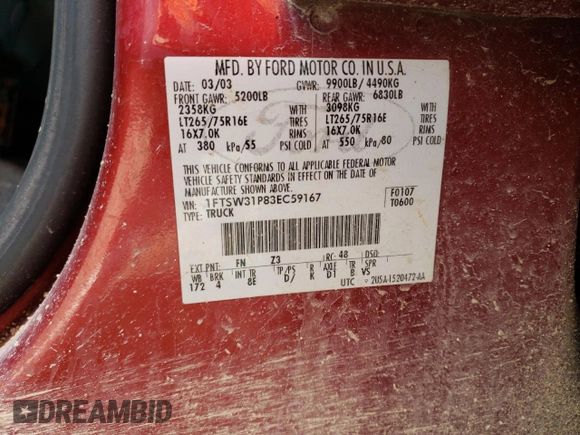 2003 Ford F-350 XL with VIN 1FTSW31P83EC59167, listed as a Copart auction lot 51785095 with 132,413 mi miles and Clean title. Bid and sale history available at DreamBid. Image 13.
