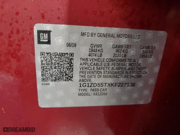 2019 Chevrolet Malibu LT with VIN 1G1ZD5STXKF227138, listed as a Copart auction lot 46778705 with 208,680 mi miles and Salvage Title. Bid and sale history available at carsss.com. Image 13.