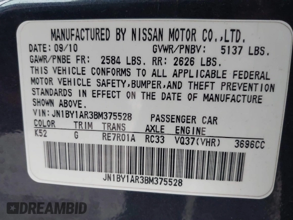 2011 Infiniti M37 with VIN JN1BY1AR3BM375528, listed as a IAAI auction lot 41564370 with 174,701 mi miles. Bid and sale history available at carsss.com. Image 9.