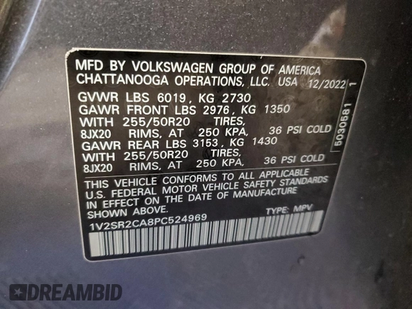 2023 Volkswagen Atlas SEL R-Line Black с VIN 1V2SR2CA8PC524969, выставлен на аукционе Copart как лот 78574814 с пробегом 44 537 миль миль и Списание • Salvage title. История ставок и продаж доступна на DreamBid. Изображение 14.