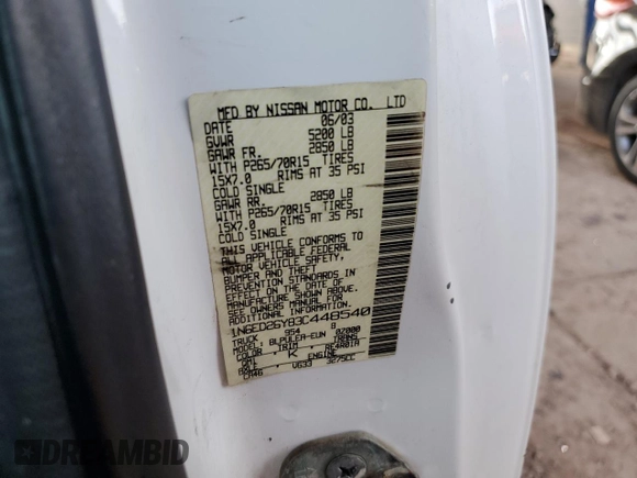 2003 Nissan Frontier XE with VIN 1N6ED26Y83C448540, listed as a Copart auction lot 44921415 with 112,813 mi miles and Clean title. Bid and sale history available at DreamBid. Image 12.