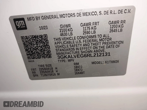 2024 GMC Terrain SLT with VIN 3GKALVEG6RL212131, listed as a IAAI auction lot 41734214 with 6,965 mi miles and . Bid and sale history available at carsss.com. Image 9.