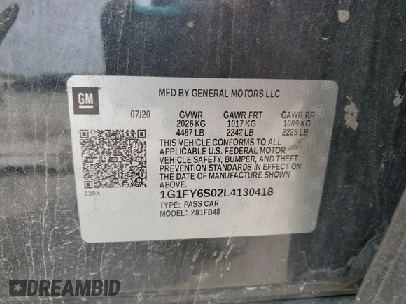2020 Chevrolet Bolt EV LT with VIN 1G1FY6S02L4130418, listed as a Copart auction lot 59811195 with 48,458 mi miles and Salvage title. Bid and sale history available at DreamBid. Image 12.