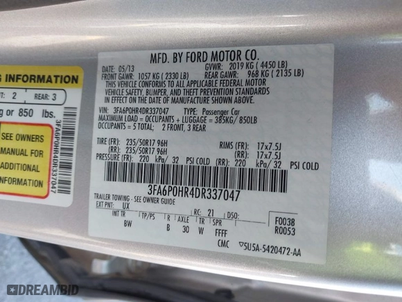 2013 Ford Fusion SE with VIN 3FA6P0HR4DR337047, listed as a IAAI auction lot 41997094 with 195,687 mi miles. Bid and sale history available at carsss.com. Image 9.